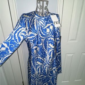 Zara Blue and White Leaf Patterned Dress